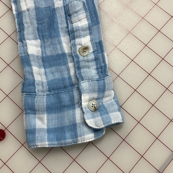 HEM & THREAD Boho Cottage Gauze 2 Pocket Buffalo/Plaid Blue/WHT Fringe Top S/M - Picture 9 of 16